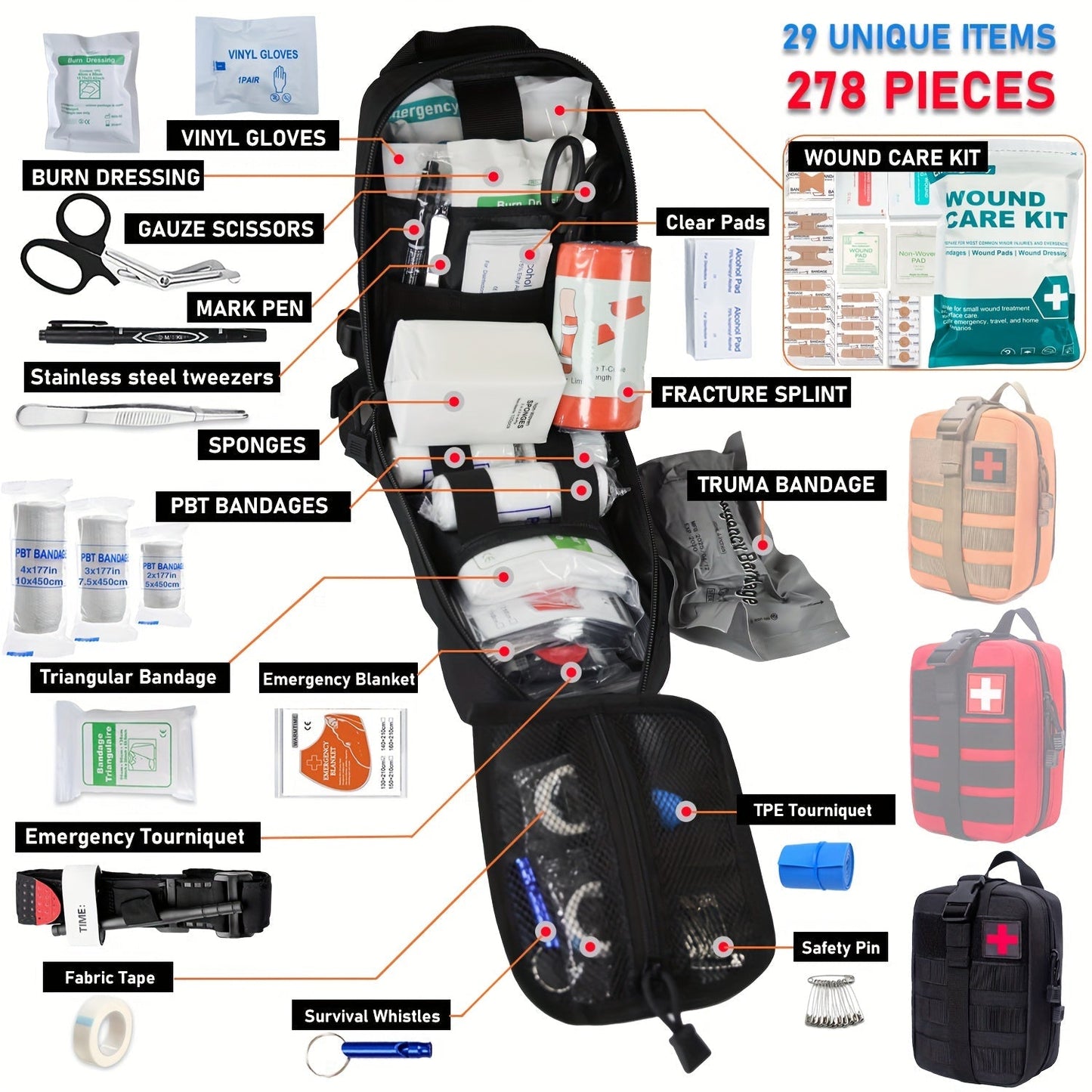 278-Piece First Aid Supply Kit in Roll-Out Tactical Bag with Black, Orange or Red Case Options