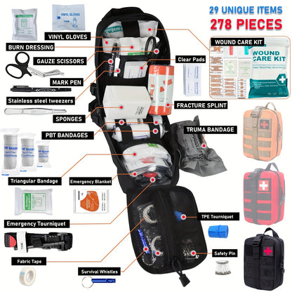 278-Piece First Aid Supply Kit in Roll-Out Tactical Bag with Black, Orange or Red Case Options