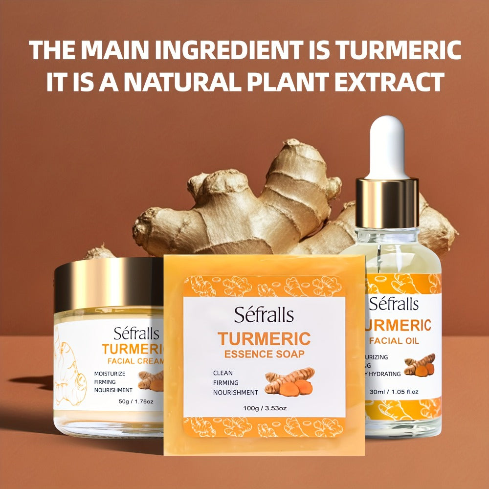 Turmeric Skincare Set 3 Pcs – Turmeric Face Cream, Facial Soap & Essential Oil Kit for Deep Pore Cleansing, Brightening & Moisturizing