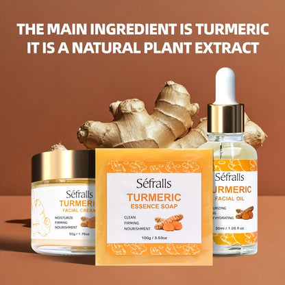 Turmeric Skincare Set 3 Pcs – Turmeric Face Cream, Facial Soap & Essential Oil Kit for Deep Pore Cleansing, Brightening & Moisturizing