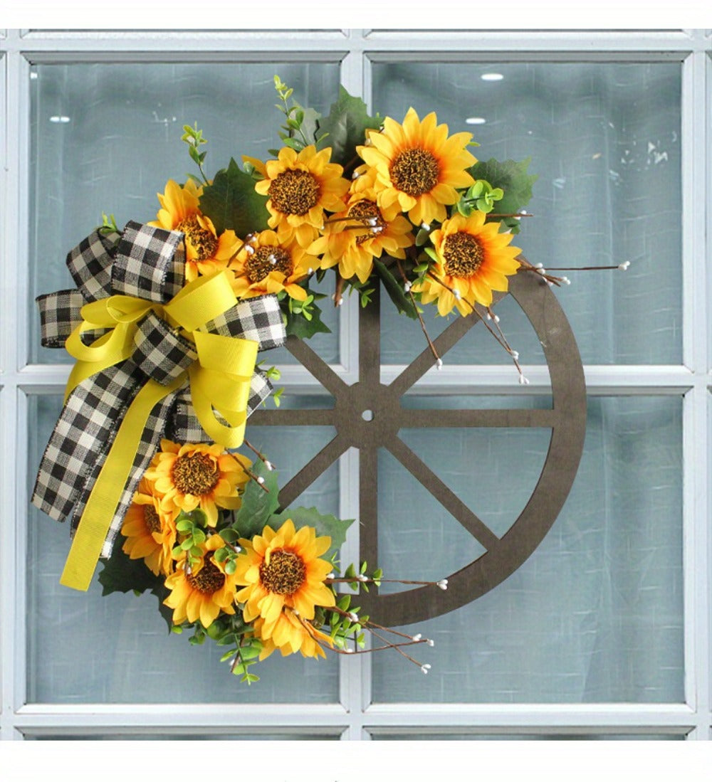 Sunflower Bow Wreath for Front Door - Handcrafted Thanksgiving Wreath with Natural Look, Fall Seasonal Home Decor