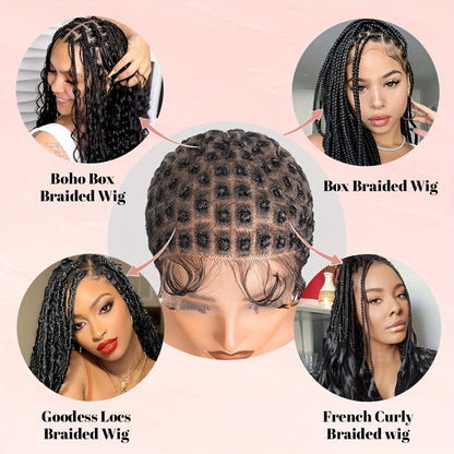 HD Lace Crochet Wig Cap Pre-Made Braided Sections Baby Hair Glueless Full Lace Base for Box Braids Goddess Passion Twist 45-122 Sections