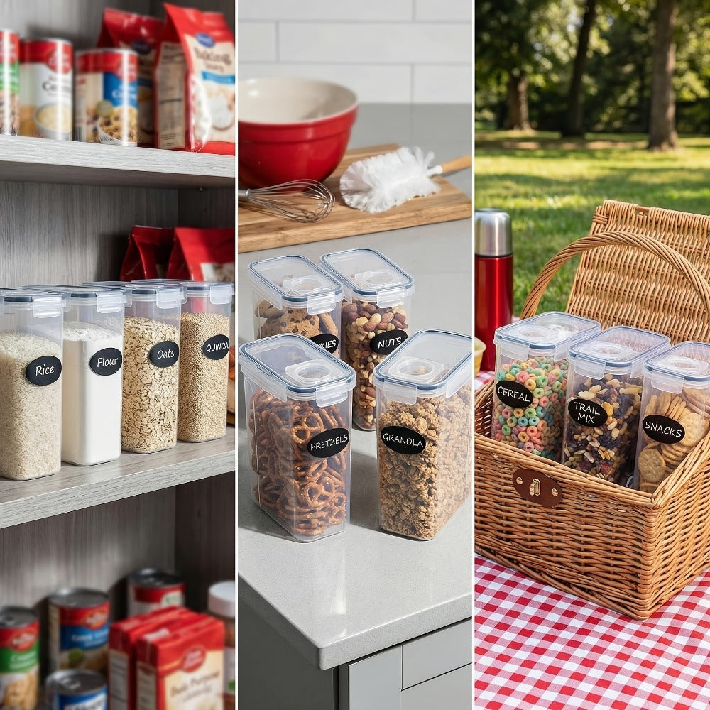 Food Storage Container Four-Pack with 4L Clear Pantry Canisters, Pour-Spout Lids, Labels and Marker