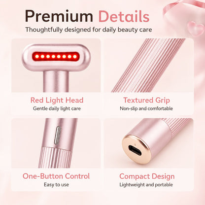 Pink Rechargeable Facial Massage Wand with Red LED Bar, Textured Grip and Charging Base for Face and Neck Use