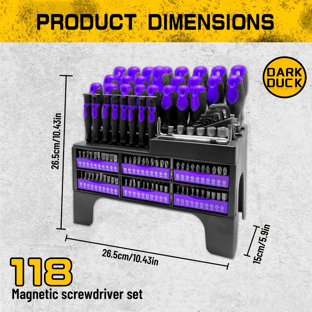 Purple 118-Piece Screwdriver Rack Set with Hand Drivers, Bit Rows, Hex Keys and Magnetic Parts Bowl