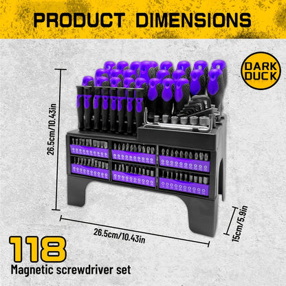 Purple 118-Piece Screwdriver Rack Set with Hand Drivers, Bit Rows, Hex Keys and Magnetic Parts Bowl
