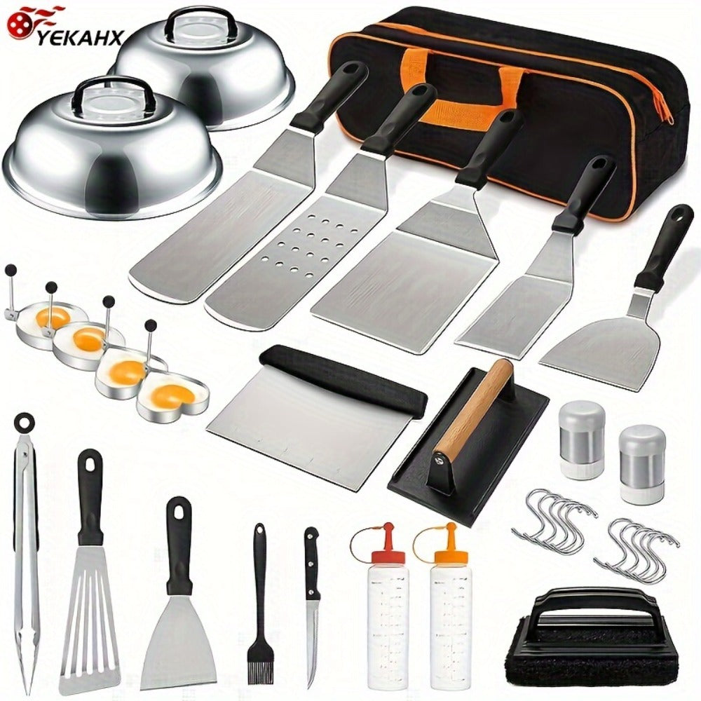 Griddle Accessories Kit 34 Piece Stainless Steel – Flat Top Grill Set with Enlarged Spatulas, Basting Cover
