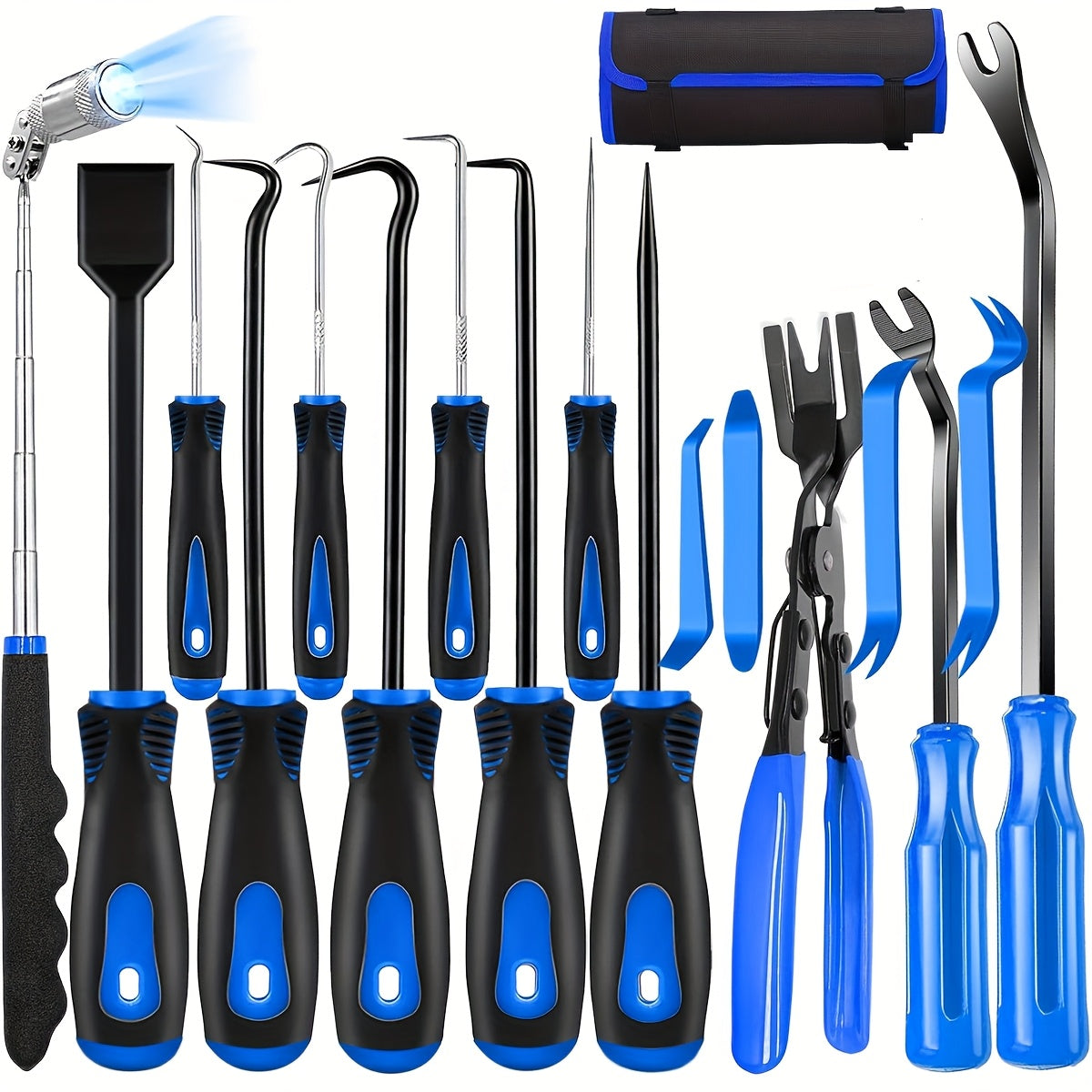 Auto Trim Removal Tool Kit 17pcs with Pry Tools Picks Metal Scraper Magnetic Telescopic Pickup Non-Slip Clips for Car Door Panel Dash