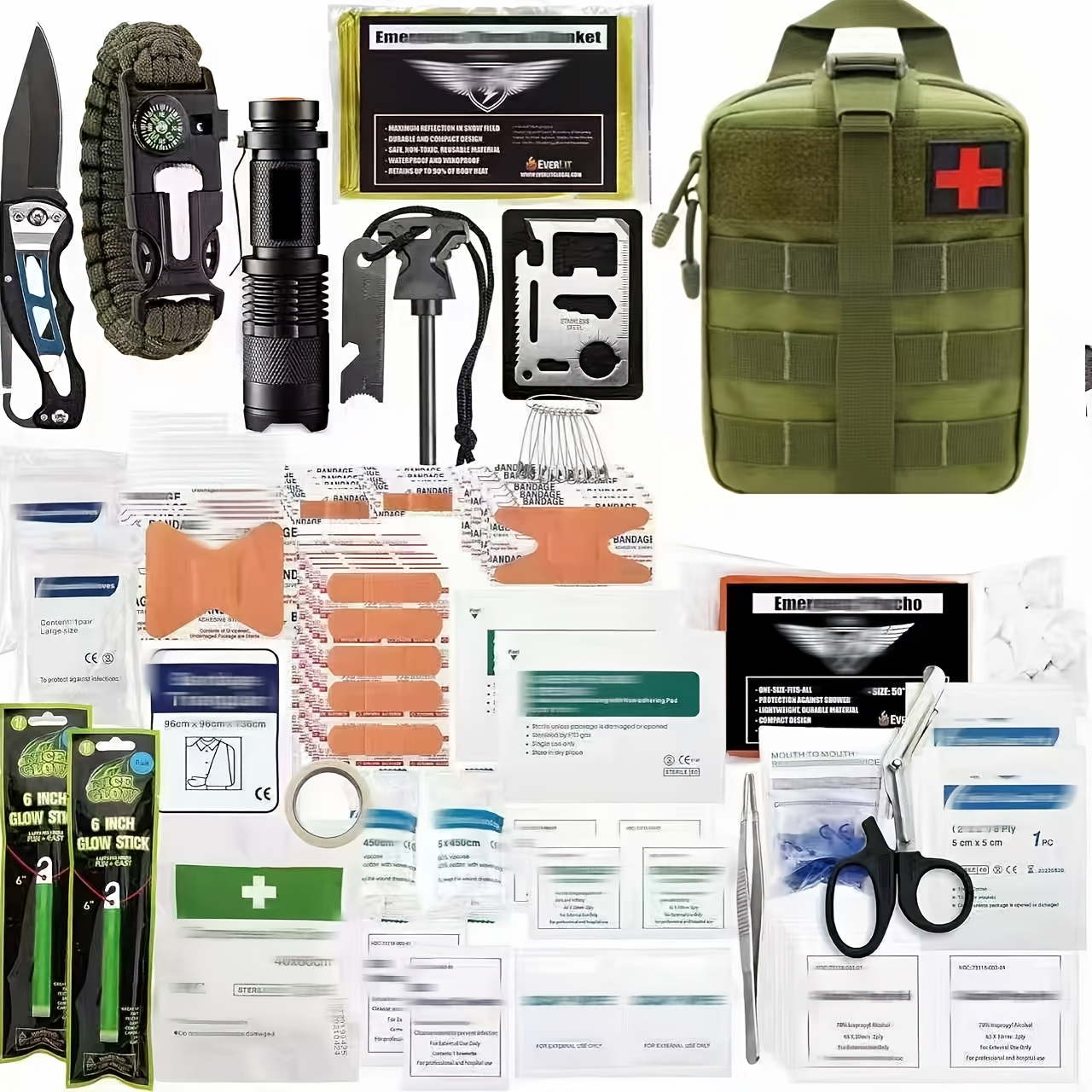 Emergency Survival Kit with MOLLE-Style Bag, Pictured Multi-Tool and First-Aid Assortment in Two Colors