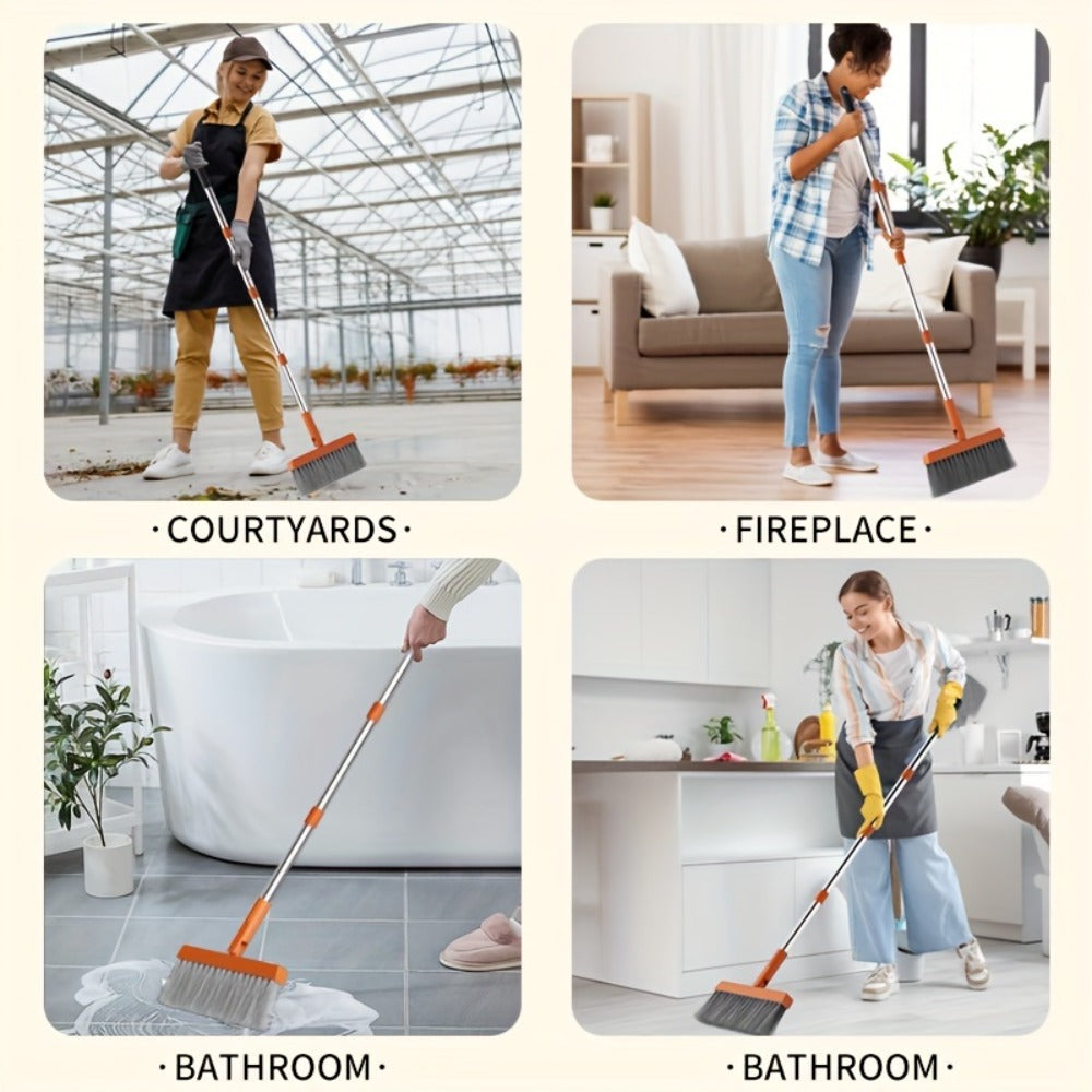 Folding Broom and Dustpan Set with Sectioned Handle, Rotating Head and Nine Blue, Orange or Khaki Checkout Options