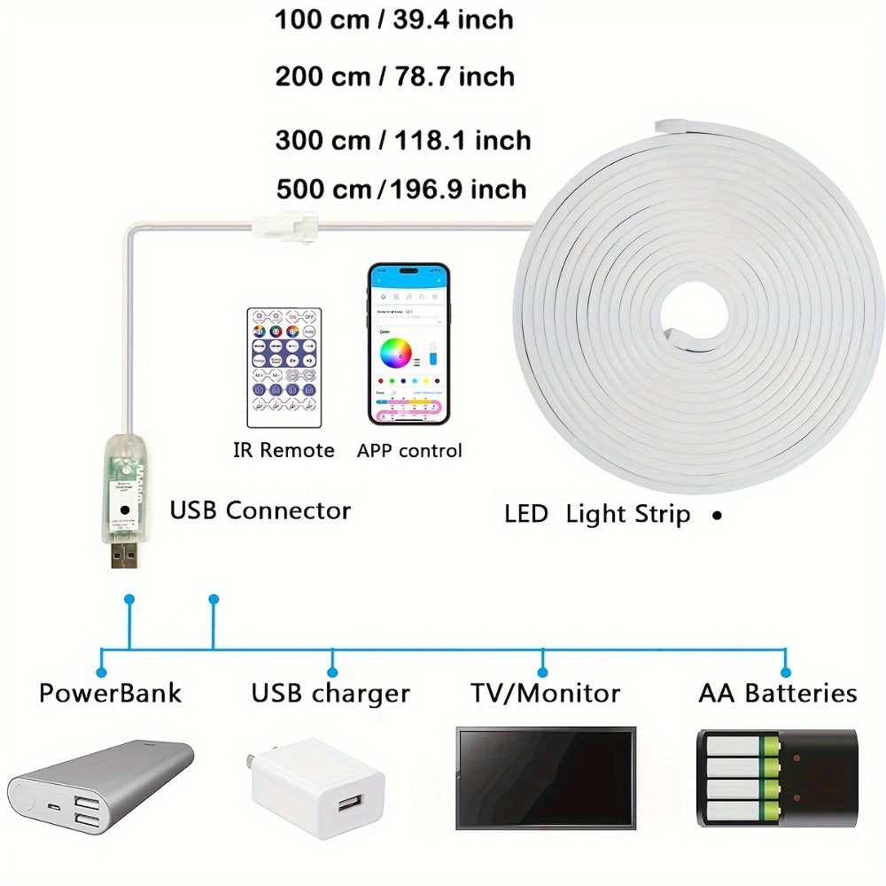 LED Strip Light RGBIC Neon Rope in 2m, 3m or 5m with USB Power, App and IR Remote, Music Sync and IP65 Label