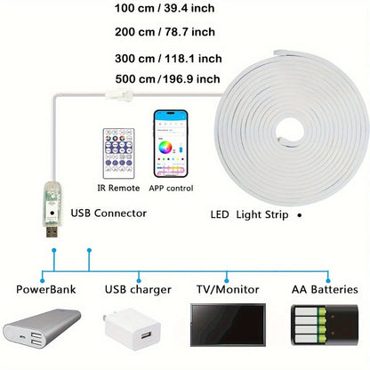 LED Strip Light RGBIC Neon Rope in 2m, 3m or 5m with USB Power, App and IR Remote, Music Sync and IP65 Label