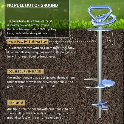 Dog Tie-Out Stake 304 Stainless Steel – 360° Swivel Anti-Tangle Spiral Ground Anchor for Dogs Up to 150 lbs | Easy Screw-In Setup | Outdoor