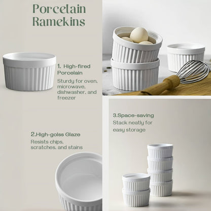 Souffle Dishes Set of 6 Porcelain Ramekins with Lids 8oz Creme Brulee Cups Custard Cups for Entryways, Bedrooms and Living Spaces
