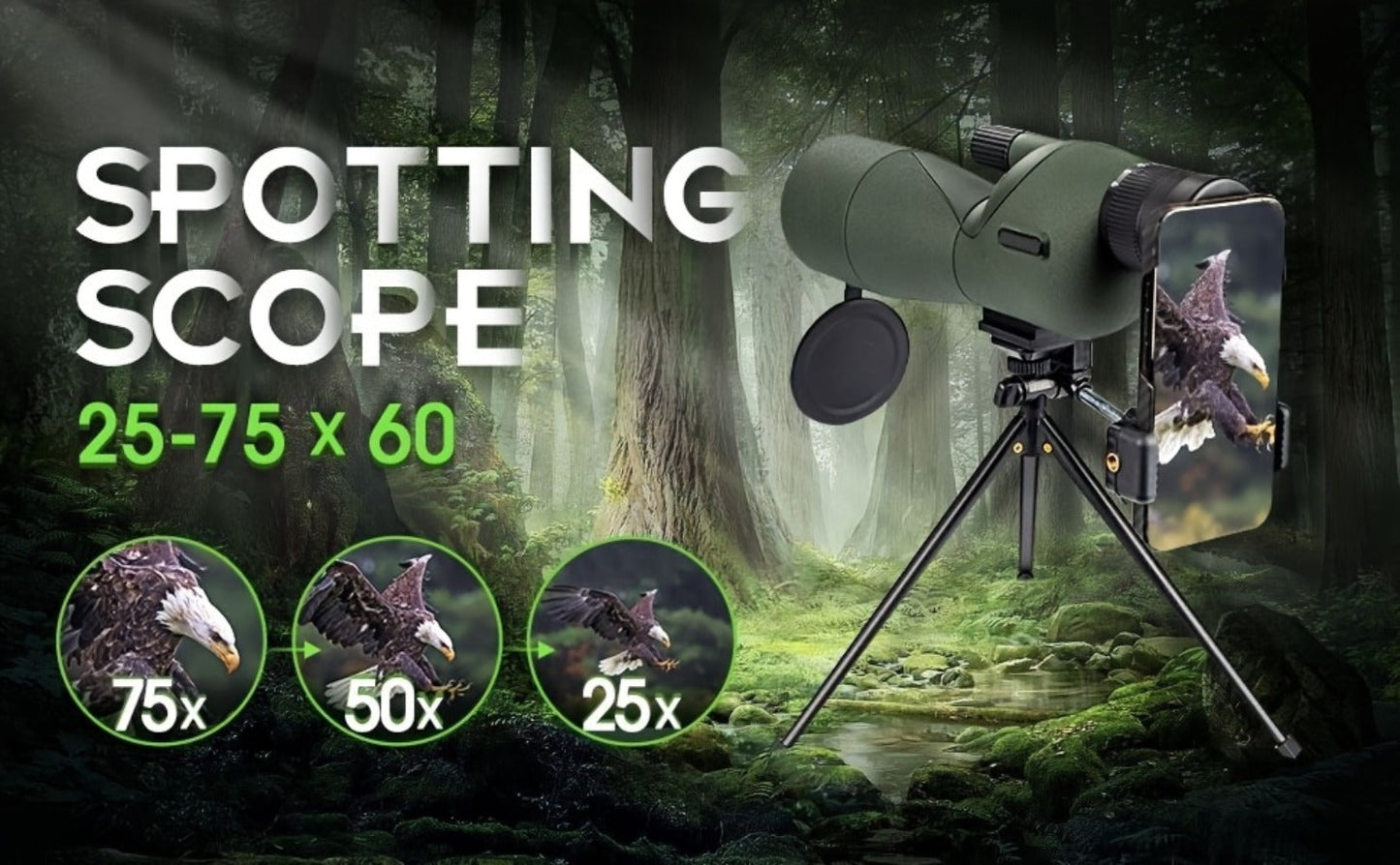 25-75x60 Spotting Scope with Tripod, Carrying Bag & Smartphone Adapter, High-Power Variable Zoom Scope for Target Shooting