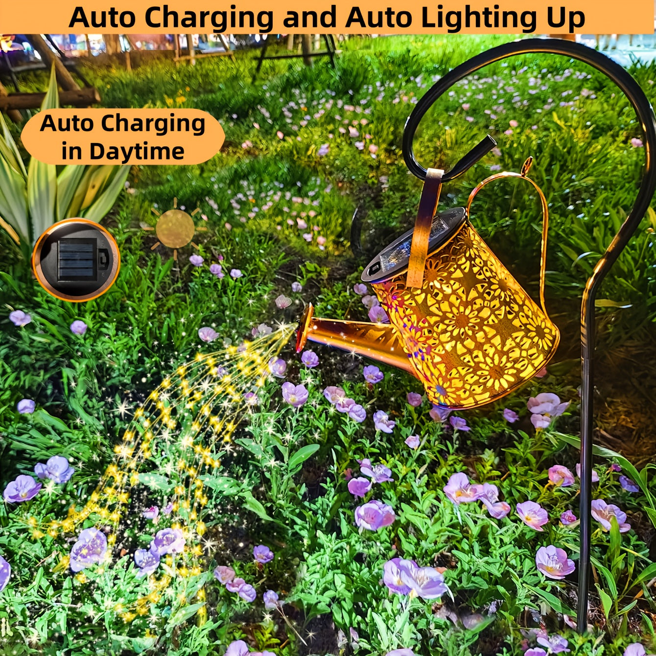 Solar Garden Light Watering Can Stake with Warm White Cascading LEDs, IP44 Rating and Hanging Bracket