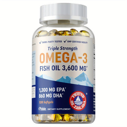 Triple Strength Omega 3 Fish Oil 120 Capsules with High EPA & DHA for Eye, Brain & Heart Health, Joint & Immune Support for Men & Women