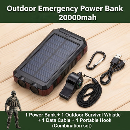 Solar Power Bank 20000mAh Outdoor Portable Charger with LED Flashlight SOS Compass & Carabiner Hook