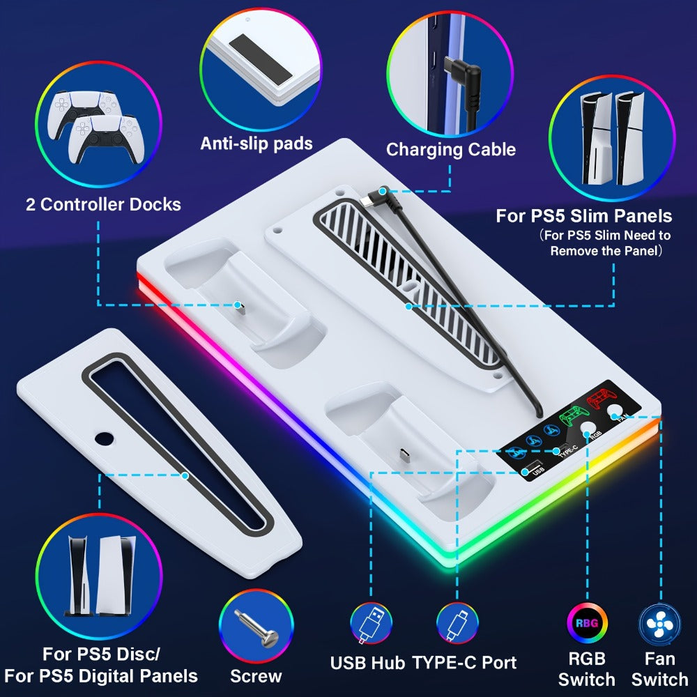 10 RGB Lights PS5 Cooling Stand with 3-Level Fan, Dual Controller Charging Station, USB Hub & Type-C Port