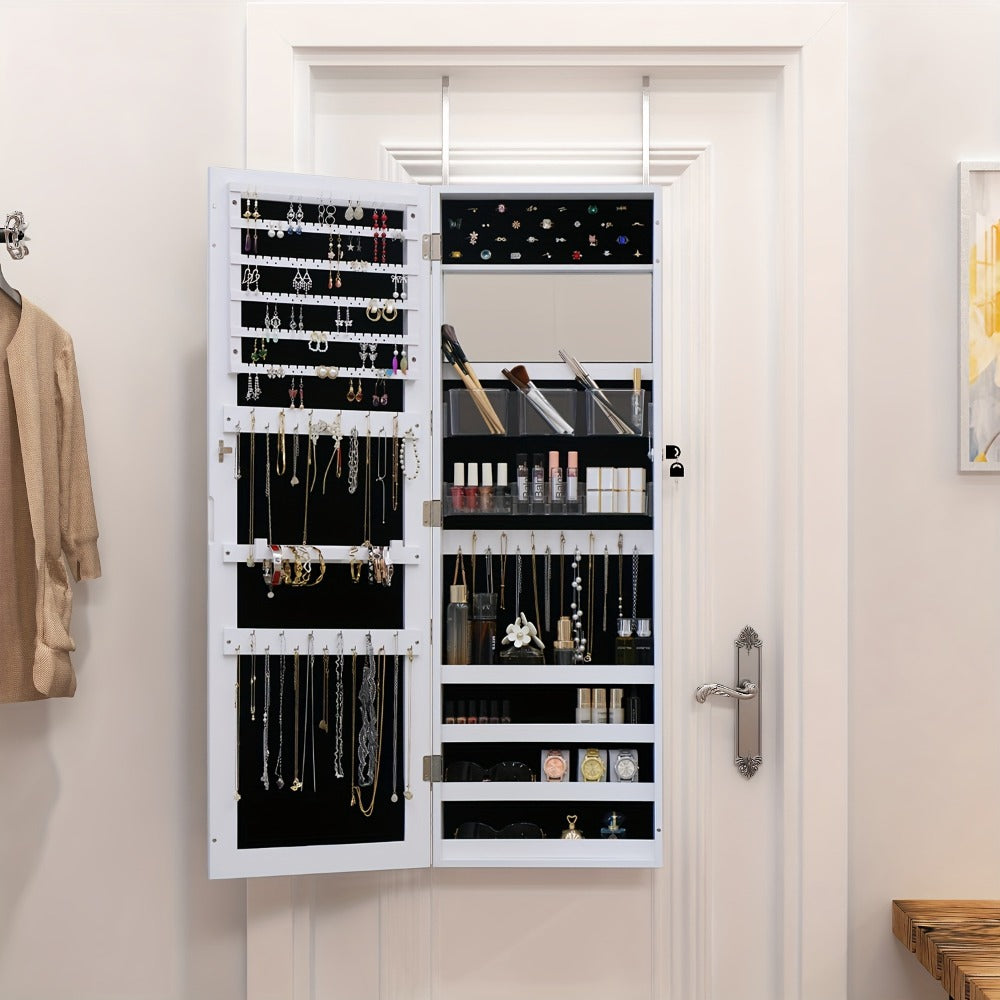 Full Length Mirror Jewelry Armoire Cabinet, 2-in-1 Lockable Over the Door Mirror with Jewelry Storage, Makeup Organizer with Baskets Bins