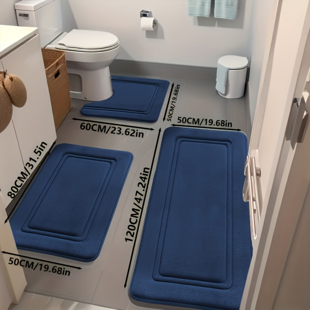 Three-Piece Bathroom Mat Set with 50 × 120, 50 × 80 and 50 × 60 cm Rugs in Five Solid Colors