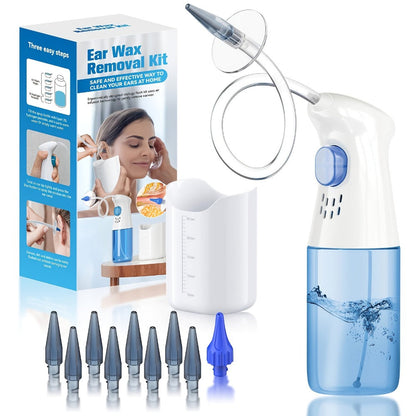 Blue Manual Ear Irrigation Kit with Squeeze Bottle, Separate Catch Cup and Multiple Pictured Tip Shapes