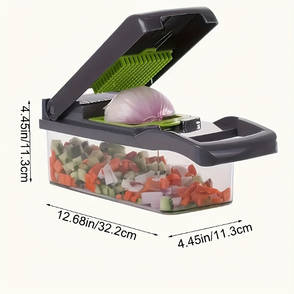 Vegetable Chopper 16-in-1 Manual Food Chopper Set, 8 Stainless Steel Blades, 304 Container, Peeler & Filter