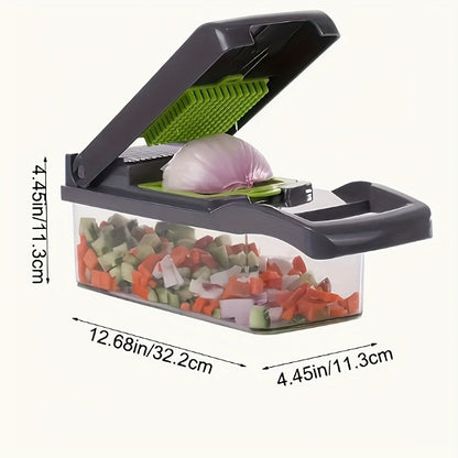 Vegetable Chopper 16-in-1 Manual Food Chopper Set, 8 Stainless Steel Blades, 304 Container, Peeler & Filter