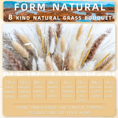 Natural Pampas Grass Decor Bouquet 105/120pcs Boho Dried Floral Arrangement - Centerpiece for Entryways, Bedrooms and Living Spaces