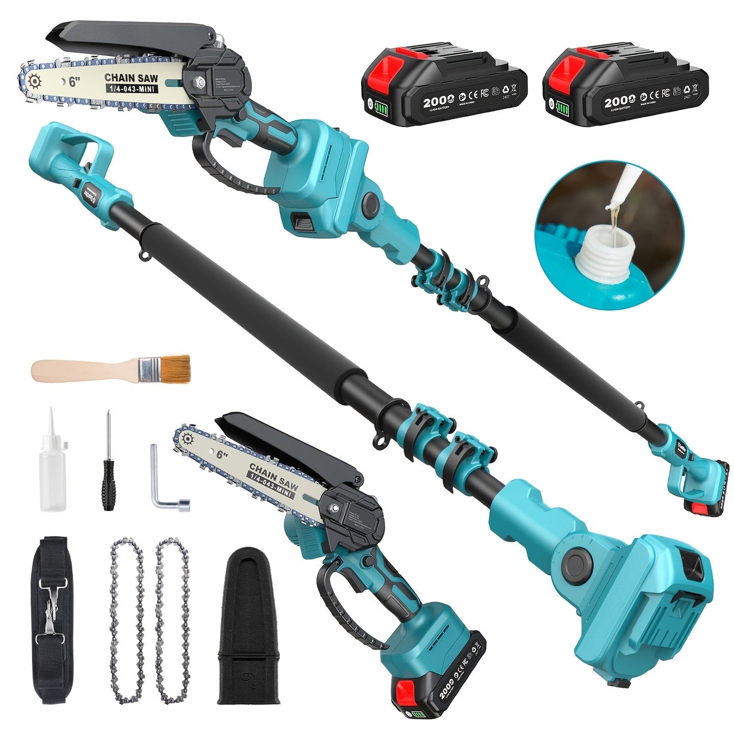 Blue 6-Inch Cordless Pole Saw with 2.0Ah Battery Label, 4.6–10 Foot Extension and Two Package Options