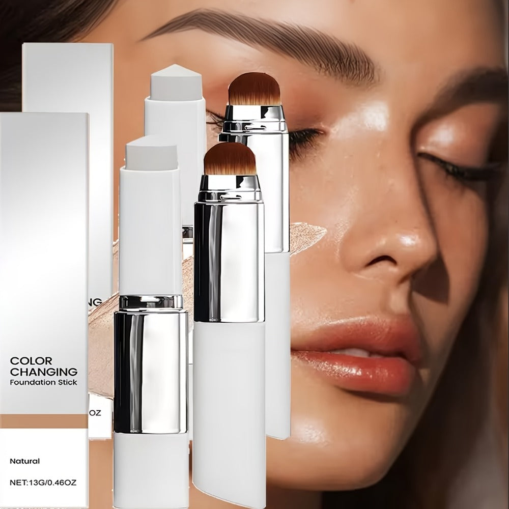 Skin Tone Adapting Color-Changing Foundation Stick 2-Piece with Built-In Brush & Puff – Lightweight Matte Finish Sheer to Buildable Coverage