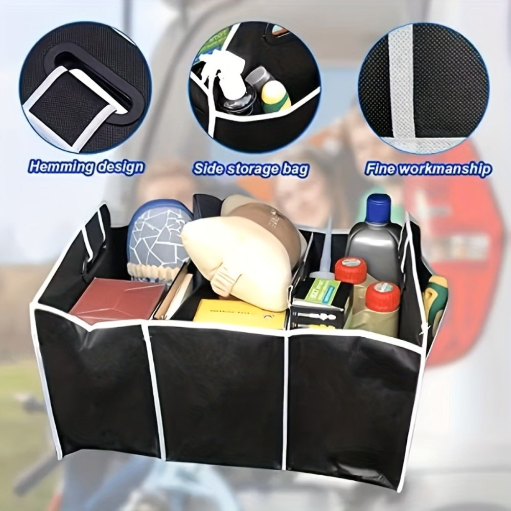 Car Trunk Organizer, Foldable 3-Compartment Black Storage Bin with Carry Handles and 1- or 2-Piece Options