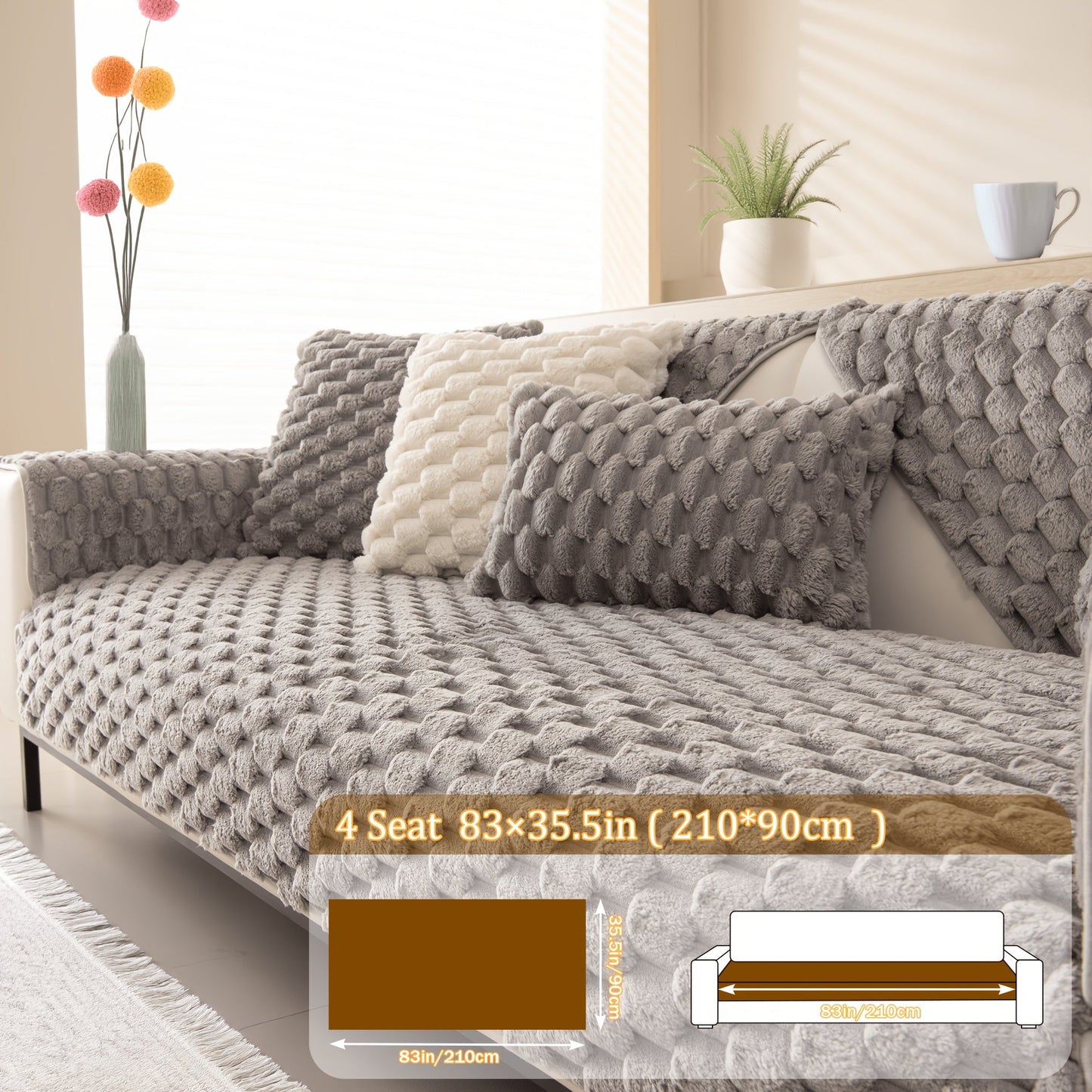 Sofa Cover 35.5-Inch Fuzzy Polyester Single-Piece Pad with Silicone-Dot Backing for 2 to 4 Seats