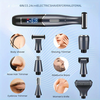 Six in One Bikini Trimmer and Electric Razor for Women and Men, Wet Dry Grooming Set in Purple