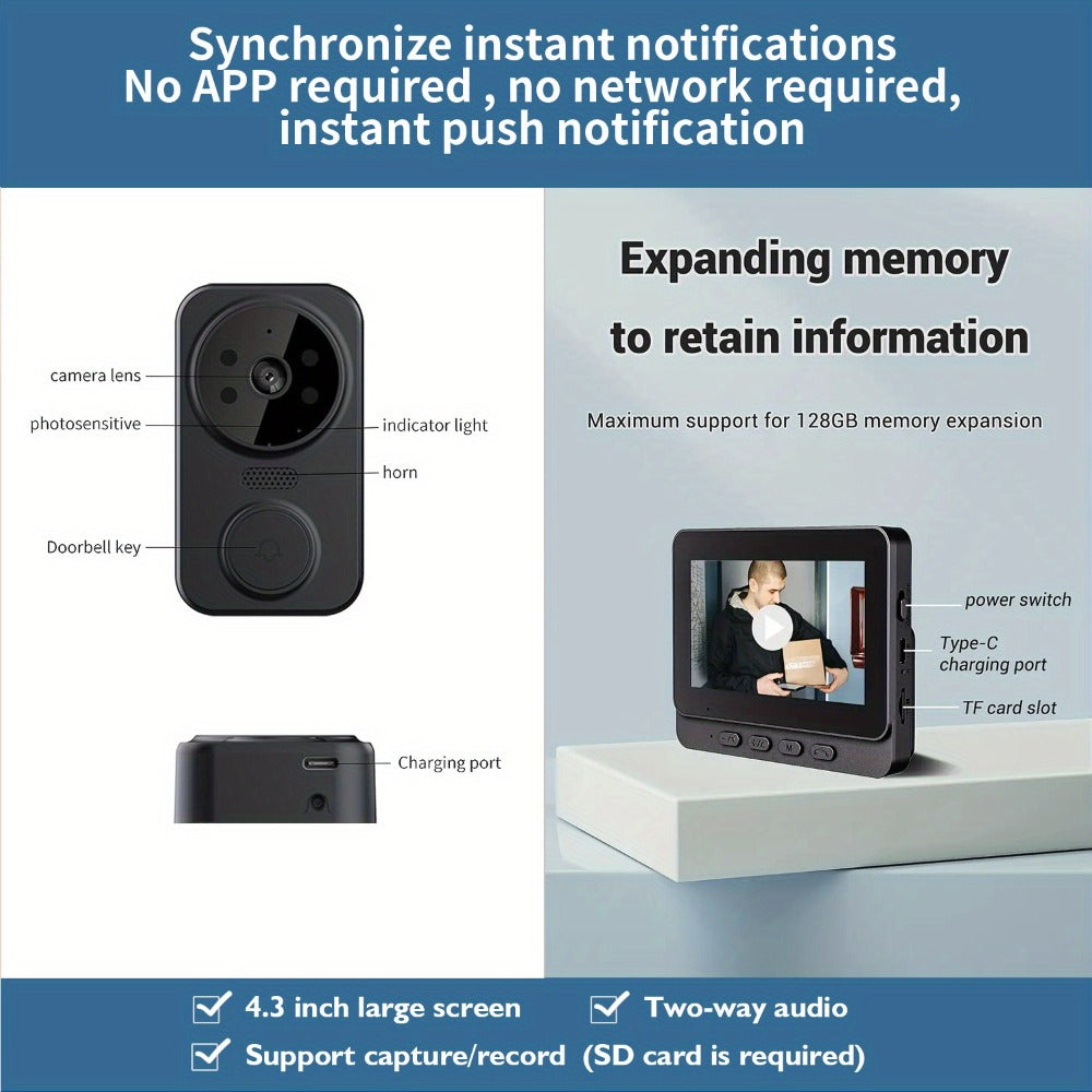 Wireless Video Doorbell Camera No WiFi No App Required 4.3-inch IPS Monitor 960P Night Vision for an Everyday Personal Care Routine