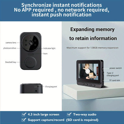 Wireless Video Doorbell Camera No WiFi No App Required 4.3-inch IPS Monitor 960P Night Vision for an Everyday Personal Care Routine