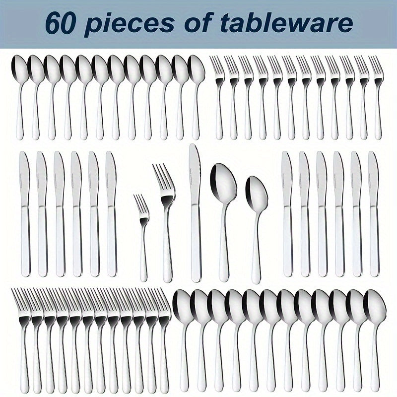 Stainless Steel Flatware Set in 60- or 90-Piece Silver Configurations with Five-Piece Place Settings