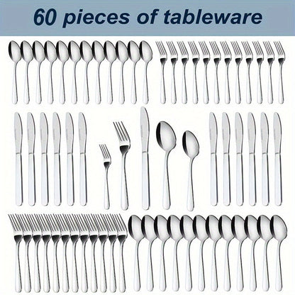 Stainless Steel Flatware Set in 60- or 90-Piece Silver Configurations with Five-Piece Place Settings