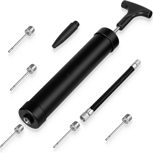 Portable Ball Pump Kit 8 Inch – Manual Air Pump with 5 Needles, Nozzle & Extension Hose for Basketball, Soccer, Football