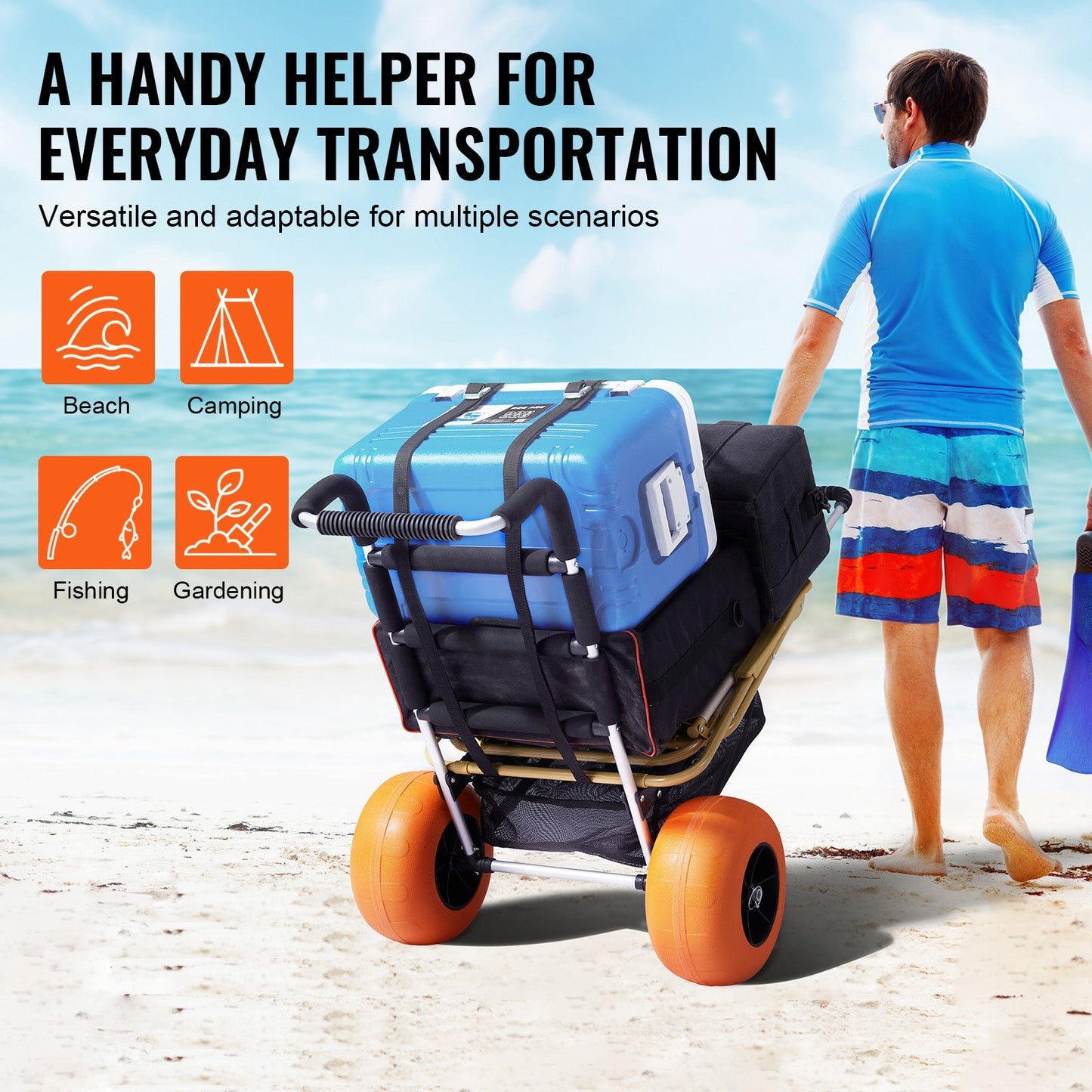 Beach Cart Aluminum Alloy 12-Inch PU Foam Wheels Folding Sand Cart Adjustable Handle for Camping Fishing Gardening Outdoor