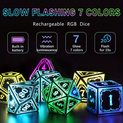 RGB LED DND Dice Set Rechargeable 7pcs, Illuminated Polyhedral Dice with Type-C Charging Case for D&D RPG Tabletop Games