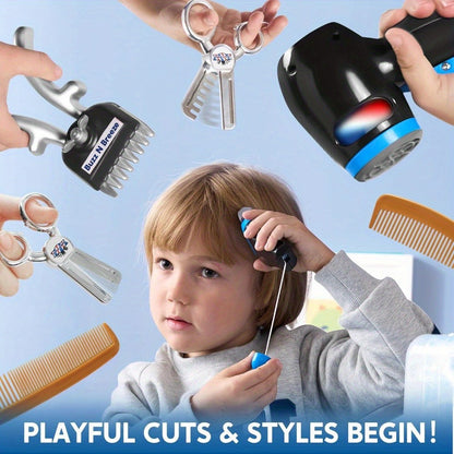 Kids Barbershop Pretend Play Kit 23pcs with Storage Box, Realistic Barber Role Play Toys with Shaver Scissors Hairdryer Comb