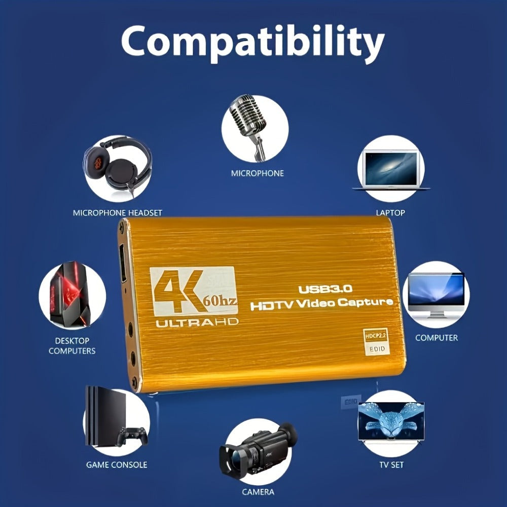 4K USB 3.0 Video Capture Card - 1080P 60fps HD Recorder, 4K UHD 60Hz Input, Compatible with OBS Live Game Streaming