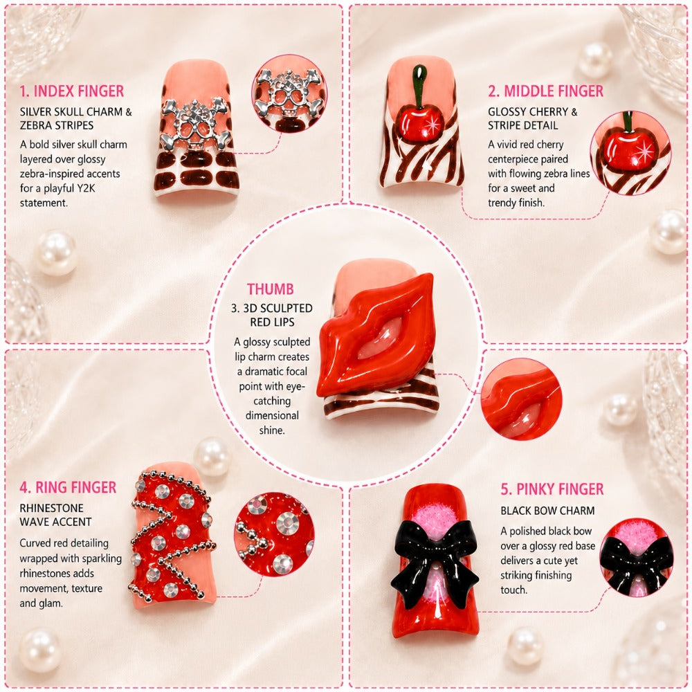 Press On Nails 10-Piece Short Duckbill Acrylic Set with Skull, Cherry, Bow, Rhinestone and Zebra Details