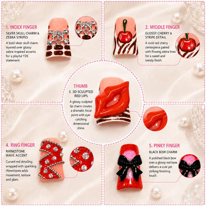 Press On Nails 10-Piece Short Duckbill Acrylic Set with Skull, Cherry, Bow, Rhinestone and Zebra Details