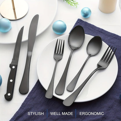 Serrated Steak Knife Dining Set with Six-Piece Place Settings, 24 or 48 Utensils in Silver or Black