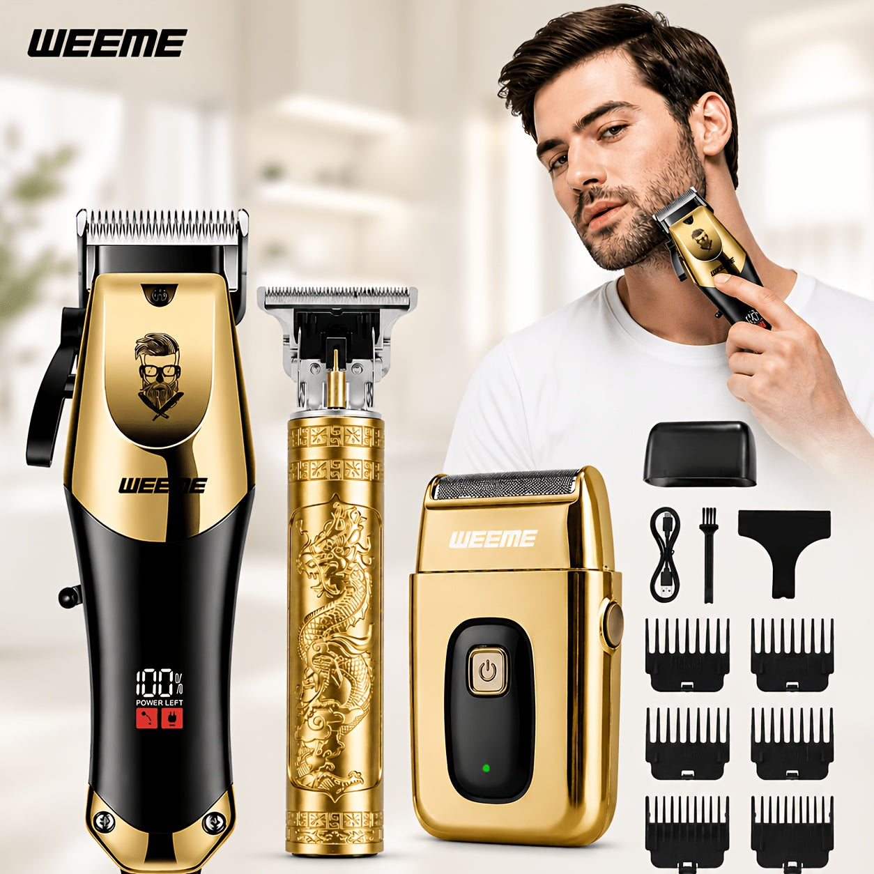 Beard Trimmer Set for Men - USB Rechargeable Hair Clipper & Grooming Kit with Battery Indicator, Comb Attachments