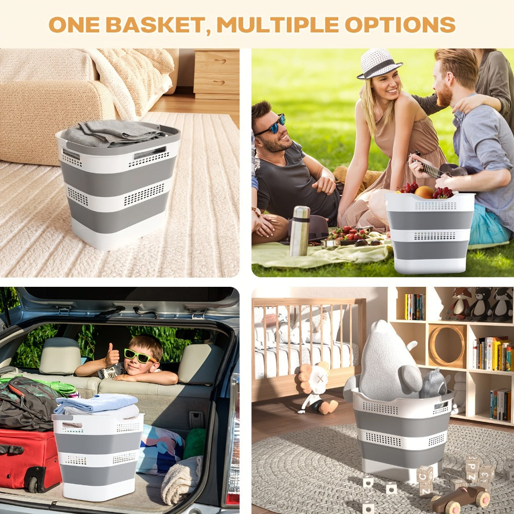 Collapsible 43L Laundry Basket in Grey with Carry Handles, Single or 2-Pack Folding Checkout Options