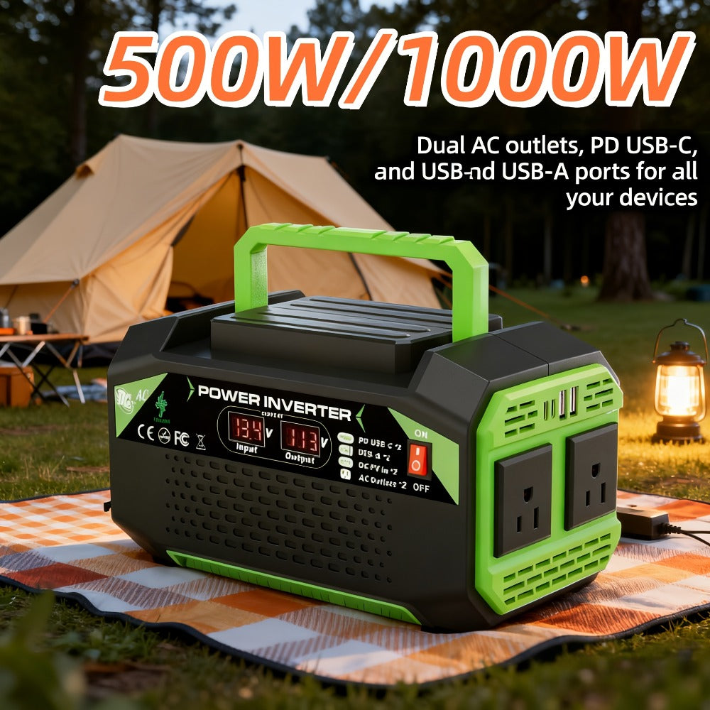 Power Inverter 500W/1000W DC 12V to AC 110V - Car Power Converter with LCD Display, 2 AC Outlets