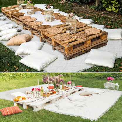91 x 71-Inch Picnic Blanket in White Woven Cotton with Subtle Geometric Texture and Fringe Edges